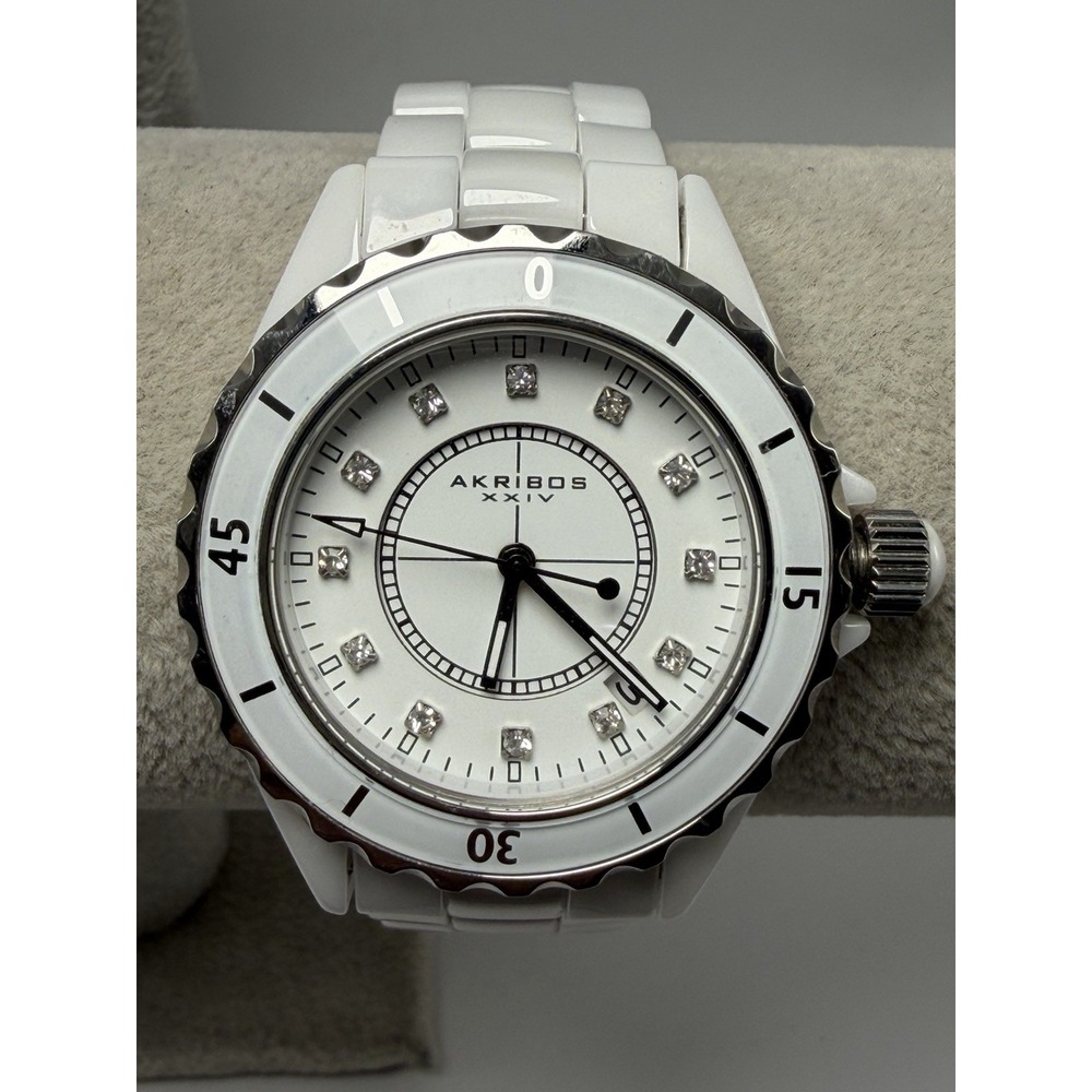Akribos XXIV AK484WT New Battery Womens White Ceramic Watch 39MM 8"